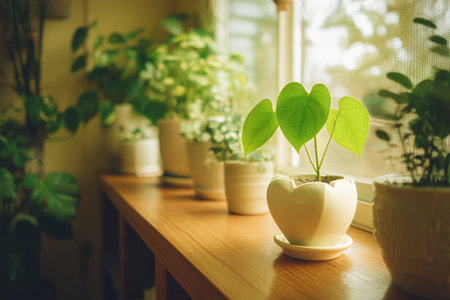 Sunlight streams through a window, highlighting vibrant green leaves of various potted plants on a wooden shelf, creating a serene and inviting atmosphere indoors.の素材