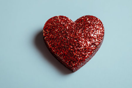 A vibrant red heart-shaped box covered in glitter sits on a soft light blue surface. This charming decoration is ideal for gifts or art projects related to love and celebrations.の素材