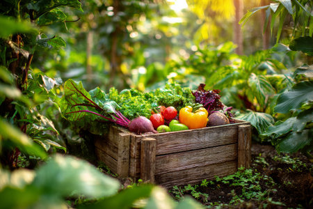 A wooden crate filled with colorful vegetables sits on the ground, surrounded by lush green plants and sunlight filtering through the leaves..の素材