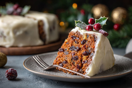 A slice of rich holiday cake topped with cream and garnished with holly sits on a plate. Soft, colorful lights create a warm atmosphere during festive celebrations..の素材