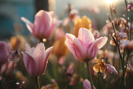 Bright pink tulips stand tall in a blossoming garden. Morning light filters through the mist, creating a serene atmosphere. Dew glistens on the petals, enhancing their beauty..の素材