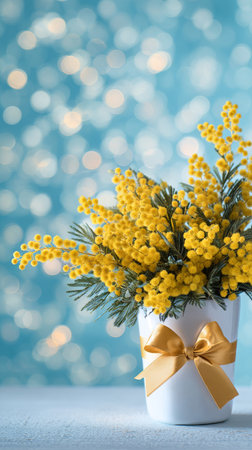 A vibrant arrangement of yellow flowers and greenery is placed in a white vase adorned with a ribbon. The soft blue background features a bokeh effect, creating a warm ambiance..の素材