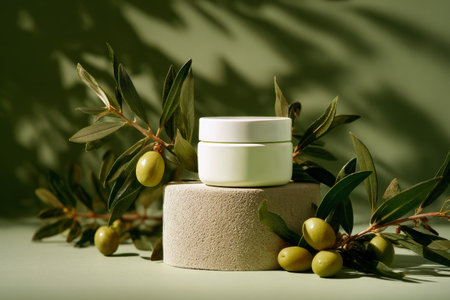 A cream jar sits atop a stone pedestal surrounded by fresh olive leaves and olives, illuminated by soft natural light creating calming shadows.の素材