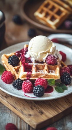 A freshly made waffle is topped with a scoop of ice cream and surrounded by an assortment of raspberries and blackberries on a rustic wooden table.の素材