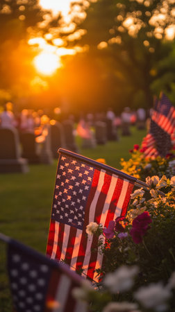 A warm sunset casts golden light over a memorial garden filled with colorful flowers and American flags. People gather to pay respect, creating a serene atmosphere of remembrance.の素材