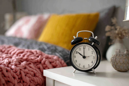 A vintage pink alarm clock sits on a wooden surface next to a vase of flowers. Soft bedding creates a warm, inviting atmosphere in a peaceful morning setting..の素材