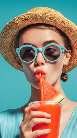 A young woman holds a cup and a slice of watermelon while wearing sunglasses and a straw hat, enjoying a bright summer day against a blue background..の素材