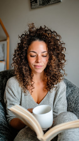A woman sits comfortably on a soft bean bag, sipping a drink and reading a book in a relaxing indoor space. Sunlight softly illuminates the cozy room..の素材