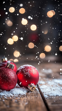 Red ornaments rest on a wooden surface covered in snow, surrounded by warm glowing lights. The festive atmosphere captures the spirit of the winter holiday season..の素材