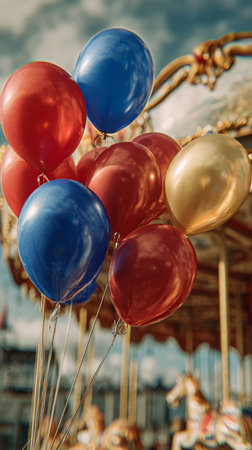 Brightly colored balloons float above a lively fairground scene. People enjoy various activities while a carousel spins in the background under a clear blue sky..の素材