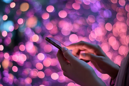 A woman interacts with her smartphone surrounded by vibrant purple and pink lights at night, creating a fun and festive atmosphere.の素材