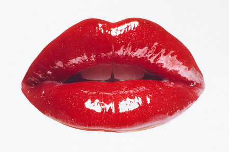 Glossy red lips shine with moisture, showing a smooth texture. The vibrant color stands out against the plain white backdrop, creating a bold visual impact..の素材