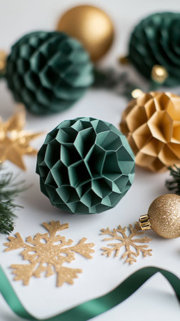 Beautiful teal paper ornaments are artfully arranged with gold decorations and natural elements, creating an inviting holiday atmosphere perfect for seasonal celebrations..の素材