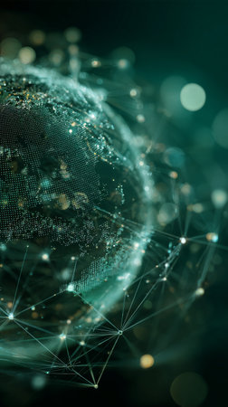 A digital globe is illuminated with data points and networks, depicting a modern view of Earths connectivity and technology. This mesmerizing scene highlights global interactions.の素材