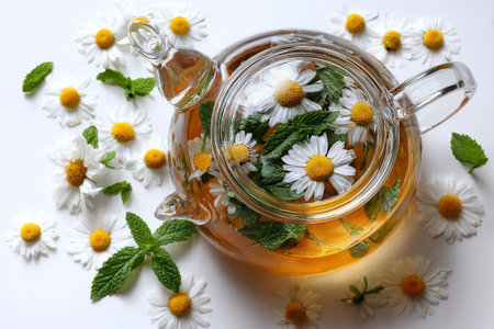 A glass teapot filled with golden herbal tea showcases vibrant chamomile flowers and fresh mint leaves. Surrounding the teapot are scattered daisies and mint, creating a calming scene.の素材