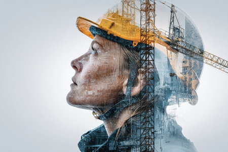 A professional engineer wearing a helmet and glasses gazes thoughtfully towards the horizon. The background features construction equipment silhouetted by the warm light of sunset..の素材