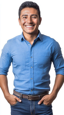 A cheerful man stands confidently with his hands in his pockets, wearing a light blue shirt and jeans. His smiling expression shows warmth and approachability in a simple setting.の素材