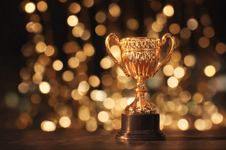 A golden trophy stands on a dark surface, illuminated by a shimmering, sparkling background. This scene captures a moment of celebration and accomplishment, perfect for honoring winners..の素材