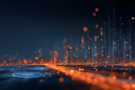 Bright lines of light and colorful dots create a dynamic digital scene. The dark background emphasizes the energy and movement, suggesting innovation and technology at play..の素材