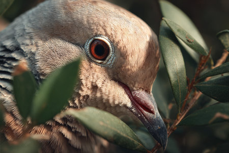 A colorful bird peeks through green leaves, showing its intricate feathers and vibrant eye in a serene outdoor environment under bright sunlight.の素材