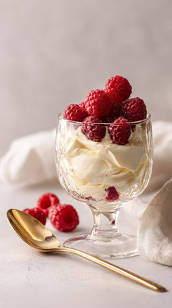 A sweet treat featuring creamy ice cream topped with fresh raspberries in a clear glass bowl. A golden spoon rests beside the dessert, ready for enjoyment.の素材