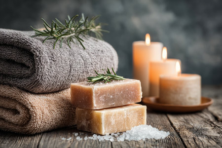 Soft towels are stacked beside two green handmade soaps topped with herbs and salt. Flickering candles add a soothing glow in a peaceful spa setting..の素材