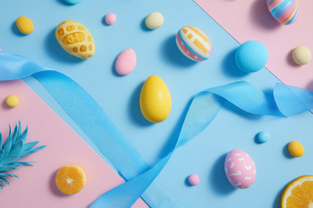 Various Easter decorations lay flat on pastel blue and pink backgrounds. Brightly colored eggs, candy, and ribbons create a festive vibe for the holiday celebration.の素材