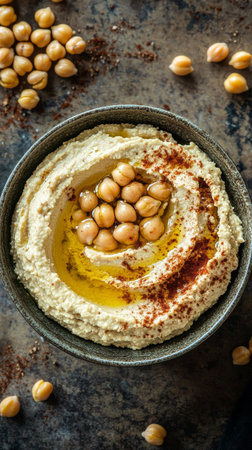 Creamy hummus is served in a rustic bowl, topped with chickpeas and a drizzle of olive oil. Surrounding the bowl are scattered chickpeas and spices, creating an inviting presentation.の素材