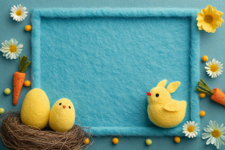 Two yellow chicks and Easter eggs sit in a nest surrounded by flowers and carrots on a bright blue surface, celebrating springs arrival and festive decorations.の素材