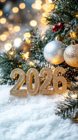 Sparkly numbers 2026 rest on a snowy surface, surrounded by pine branches and sparkling ornaments, creating a festive atmosphere for the New Year season..の素材