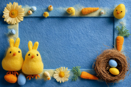 Two yellow chicks and Easter eggs sit in a nest surrounded by flowers and carrots on a bright blue surface, celebrating springs arrival and festive decorations..の素材