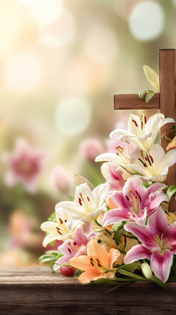 Bright lilies in various colors surround a wooden cross, creating a peaceful atmosphere in a soft focus garden during the day. This scene captures a moment of reflection and spirituality.の素材