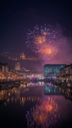 Bright fireworks burst in the night sky above a serene river, reflecting vibrant colors on the water. The town is adorned with soft lights, enhancing the festive atmosphere..の素材