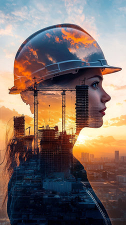 A woman in a hard hat stands against a colorful sunset. Her silhouette reflects construction cranes and buildings, symbolizing growth in urban development..の素材