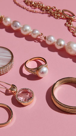 A beautiful arrangement of gold and pearl jewelry pieces on a pink surface. Rings, a pendant, and bracelets showcase unique designs and textures, perfect for accessorizing any outfit.の素材