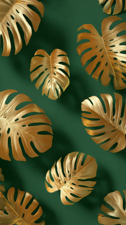 Decorative golden leaves are arranged on a rich green background. The contrasting colors give a lively and elegant feel, perfect for various creative projects or events.の素材