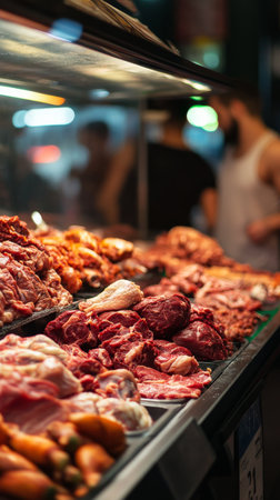 Various cuts of fresh meat are displayed on a market counter, surrounded by green parsley. The busy atmosphere includes blurred figures of shoppers in the background..の素材