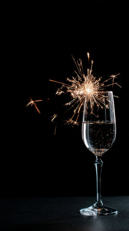 A clear glass filled with sparkling water stands on a table. A bright sparkler shoots colorful sparks into the air, creating a festive atmosphere in a dark setting.の素材