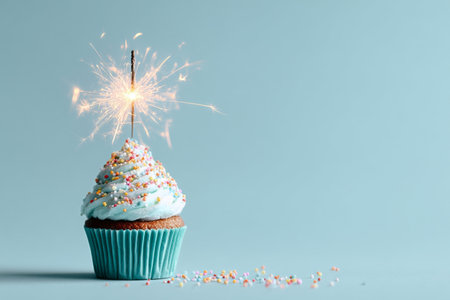 A colorful cupcake topped with blue frosting and pink sprinkles has a sparkler igniting on top. The light blue background adds to the cheerful celebration atmosphere, perfect for parties..の素材