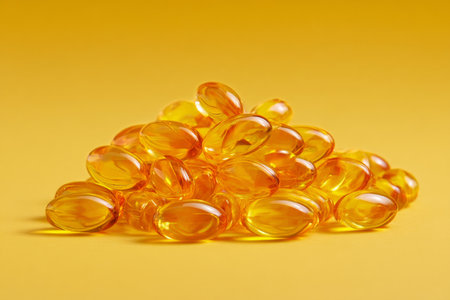 Gelatin capsules in a vibrant yellow color are arranged in a pile on a solid yellow background. The capsules appear glossy and smooth, creating a striking visual effect.の素材