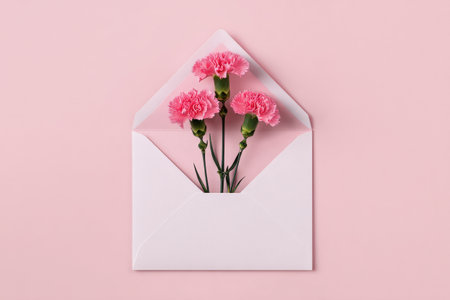 Three vibrant pink carnations peek out of a white envelope against a pastel pink background, creating a charming and cheerful scene ideal for special occasions or greetings.の素材