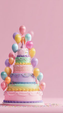 A large, multi-tiered cake decorated in pastel colors stands on a table, surrounded by vibrant balloons, creating a festive atmosphere perfect for a party.の素材