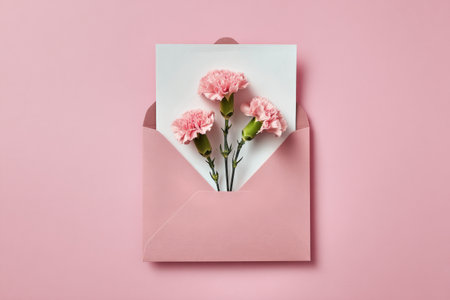 Three vibrant pink carnations peek out of a white envelope against a pastel pink background, creating a charming and cheerful scene ideal for special occasions or greetings..の素材