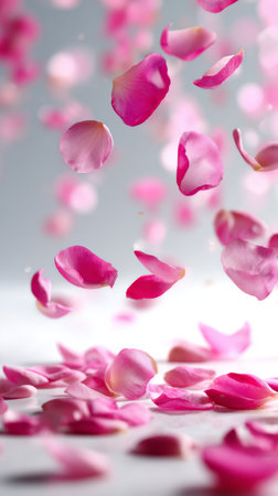 Delicate pink flower petals drift gently downwards, creating a serene scene filled with color and tranquility. Soft light enhances their beauty and creates a dreamy atmosphere.の素材