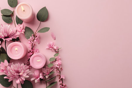 Soft pink candles sit among delicate flowers on a pastel pink surface, creating a calm and inviting atmosphere perfect for relaxation and tranquility.の素材
