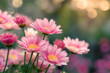 Delicate pink flowers with yellow centers bloom vibrantly in a garden. The warm glow of the sunset enhances the natural beauty of the scene.の素材