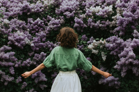 A woman enjoys the vibrant blooms of lilacs in a lush garden during spring. The colorful flowers create a stunning backdrop as she embraces the moment, connecting with nature.の素材