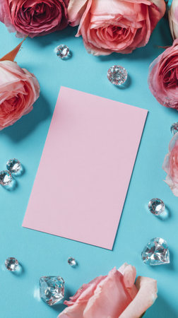 A flat lay features delicate pink roses arranged with sparkling decorative diamonds on a bright blue background. This setting is ideal for celebrations and romantic messages.の素材