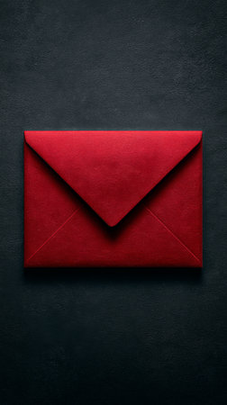 A vibrant red envelope rests on a textured dark surface, evoking feelings of anticipation and surprise. It ready appears for a special message or event.の素材