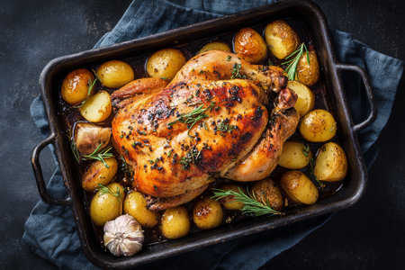 Juicy roasted chicken surrounded by crispy potatoes and fresh herbs sits in a baking tray on a dark backdrop, showing a delicious meal ready for serving.の素材